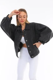 Kadın Oversize Jean Balon Kol Kar Yıkama Denim Kot Ceket - 1