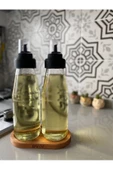 3 Parça Cam Yağlık Sirke Seti Ahşap Standlı Damlatmaz - 720 ml Sızdırmaz Sosluk - 5