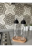 3 Parça Cam Yağlık Sirke Seti Ahşap Standlı Damlatmaz - 720 ml Sızdırmaz Sosluk - 3