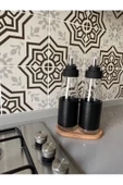 Deri Kılıflı Damlatmaz Ahşap Standlı 3 Parça Yağlık Sosluk Seti - 720 ml - 2