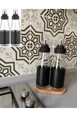 Deri Kılıflı Damlatmaz Ahşap Standlı 3 Parça Yağlık Sosluk Seti - 720 ml - 1