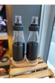 Deri Kılıflı Damlatmaz Ahşap Standlı 3 Parça Yağlık Sosluk Seti - 720 ml - 5