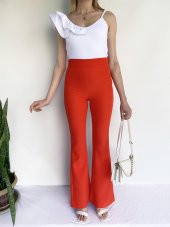 Kadın Yüksek Bel İspanyol Paça Pantolon Turuncu - 4