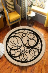 GARDENYA HOME Otantik Desenli Yuvarlak Jüt Örme Doğal Hasır Kilim Daire Halı JUT-3009 - 1