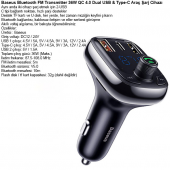 Baseus T typed S-13 Bluetooth FM Transmitter 36W QC 4.0 Dual USB & Type-C Araç Şarj Cihazı - SİYAH - 5