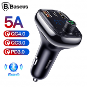 Baseus T typed S-13 Bluetooth FM Transmitter 36W QC 4.0 Dual USB & Type-C Araç Şarj Cihazı - SİYAH - 1
