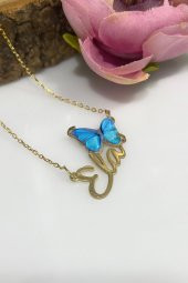 Altın Kaplama Üç Boyut Kelebek İsimli Özel 925 Gümüş Kolye thumbnail 3
