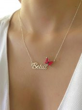 Üç Boyut Kırmızı Kelebek İsim Yazılı Özel 925 Gümüş Kolye thumbnail 1