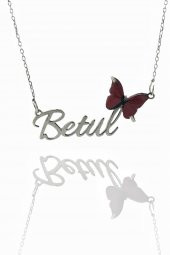 Üç Boyut Kırmızı Kelebek İsim Yazılı Özel 925 Gümüş Kolye thumbnail 2