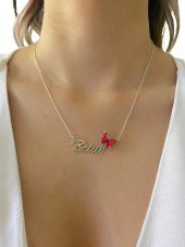 Üç Boyut Kırmızı Kelebek İsim Yazılı Özel 925 Gümüş Kolye thumbnail 3