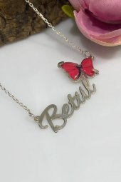 Üç Boyut Kırmızı Kelebek İsim Yazılı Özel 925 Gümüş Kolye thumbnail 4