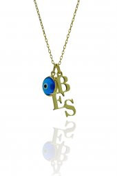 Nazar Cam Göz Boncuklu Üç 3 Harfli 925 Gümüş Kolye - 1