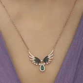Melek Kanadı Motifli Rose Gümüş Bayan Kolye - 6
