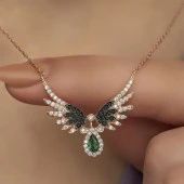 Melek Kanadı Motifli Rose Gümüş Bayan Kolye - 9