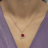 Kırmızı Gül Motifli Zirkon Taşlı Gümüş Bayan Kalp Kolye - 2