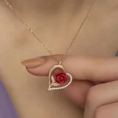 Kırmızı Gül Motifli Zirkon Taşlı Gümüş Bayan Kalp Kolye - 4