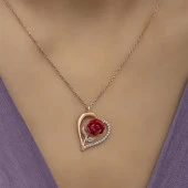 Kırmızı Gül Motifli Zirkon Taşlı Gümüş Bayan Kalp Kolye - 6