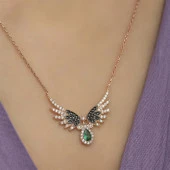 Melek Kanadı Motifli Zirkon Taşlı Gümüş Bayan Kolye - 4