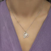 Beyaz Gül Motifli Zirkon Taşlı Gümüş Bayan Kalp Kolye - 3