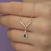 Melek Kanadı Motifli Zirkon Taşlı Gümüş Bayan Kolye - 9