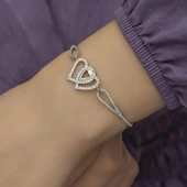 Zirkon Taşlı Çift Kalp Gümüş Bayan Bileklik - 6