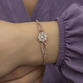 Baget Taşlı Çiçek Motifli Rose Gümüş Bayan Bileklik - 6