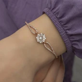 Baget Taşlı Çiçek Motifli Rose Gümüş Bayan Bileklik - 8
