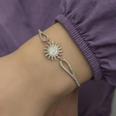 Zirkon Taşlı Rodyumlu Güneş Motifli Gümüş Bayan Bileklik - 6