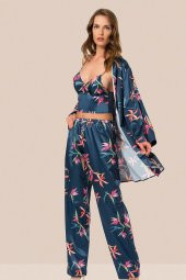Saten 3 Lü Pijama Sabahlık Takım - 2