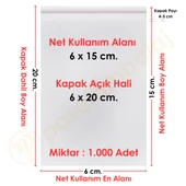 6x15+5 cm. (6x20) 1.000 Adet Şeffaf Bantlı Yapışkanlı Jelatin Poşet - 1