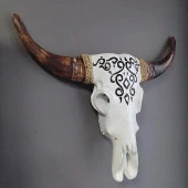 Ahşap El Yapımı Bufalo Kafatası Duvar Dekoru Beyaz 70 cm thumbnail 1