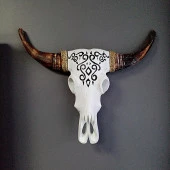 Ahşap El Yapımı Bufalo Kafatası Duvar Dekoru Beyaz 70 cm thumbnail 2