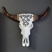 Ahşap El Yapımı Bufalo Kafatası Duvar Dekoru Beyaz 70 cm thumbnail 4