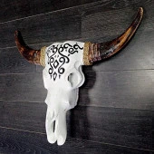 Ahşap El Yapımı Bufalo Kafatası Duvar Dekoru Beyaz 70 cm thumbnail 5
