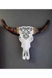 Ahşap El Yapımı Bufalo Kafatası Duvar Dekoru Beyaz 70 cm thumbnail 7