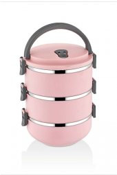 3 Katlı Taşınabilir Yemek Termosu Vakumlu Sefer Tası Gıda Saklama Kabı 2,25 Litre Pembe - 1