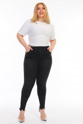 Kadın Büyük Beden Füme Gri Nakışlı Taşlı Yüksek Bel Full Likralı Dar Kesim Kot Pantolon - 4