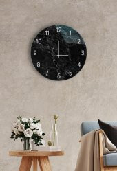 Çap 27 cm Siyah Mermer Dekoratif Cam Saat - 1