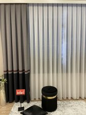 Keten Zemin Modern Geometrik Desenli  1/2,50 Pile Fon Perde  Kiremit Rengi 90 x 260 - 1