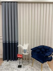 Keten Zemin Modern Geometrik Desenli 1/2,50 Pile Fon Perde Lacivert 90 x 270 - 1