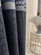 Keten Zemin Modern Geometrik Desenli 1/2,50 Pile Fon Perde Lacivert 90 x 260 - 2