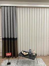 Keten Zemin Ekose Desen 1/2,50 Pile Fon Perde  Kahverengi 80 x 270 - 1