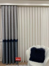 Keten Zemin Ekose Desen 1/2,50 Pile Fon Perde  Lacivert 80 x 260 - 1