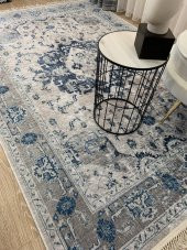Aker Kilim Motif Lateks Kaymaz Taban Saçaklı Eskitme Halı  Lacivert 160 x 230 - 1