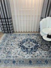 Aker Kilim Motif Lateks Kaymaz Taban Saçaklı Eskitme Halı  Lacivert 160 x 230 - 2