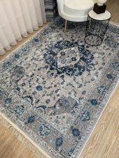 Aker Kilim Motif Lateks Kaymaz Taban Saçaklı Eskitme Halı  Lacivert 160 x 230 - 3