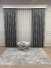 Country Collection 1/2,50 Pile Natural Keten Çiçek Desenli Fon Perde  Gri 100 x 260 - 1