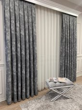 Country Collection 1/2,50 Pile Natural Keten Çiçek Desenli Fon Perde  Gri 100 x 260 - 2