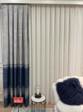 Keten Zemin Versace Desen 1/2,50 Pile Fon Perde Lacivert 70 x 270 - 1