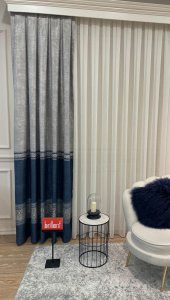 Keten Zemin Versace Desen 1/2,50 Pile Fon Perde  Lacivert 90 x 270 - 2